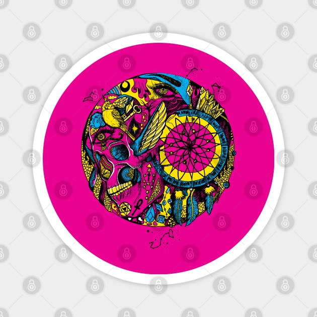 CMYK Skull and Dreamcatcher Circle Magnet by kenallouis